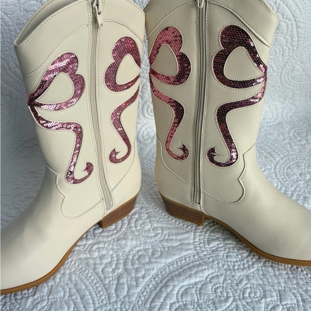 Cupcakes & Cashmere Kids Baysie Cream Cowboy Boots Pink Sequin Hearts Size 5